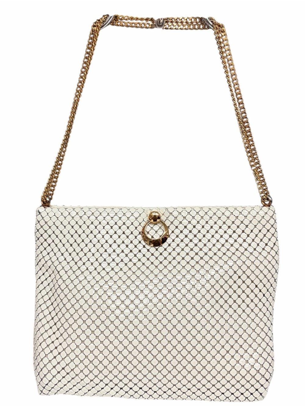 Vintage Whiting & Davis White Mesh Expandable Frame Bag Gold Chain, Mod Vintage